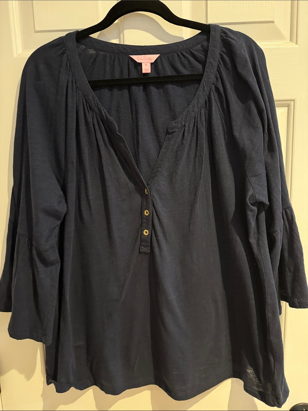 Lilly Pulitzer Navy Button-Front Peasant Blouse